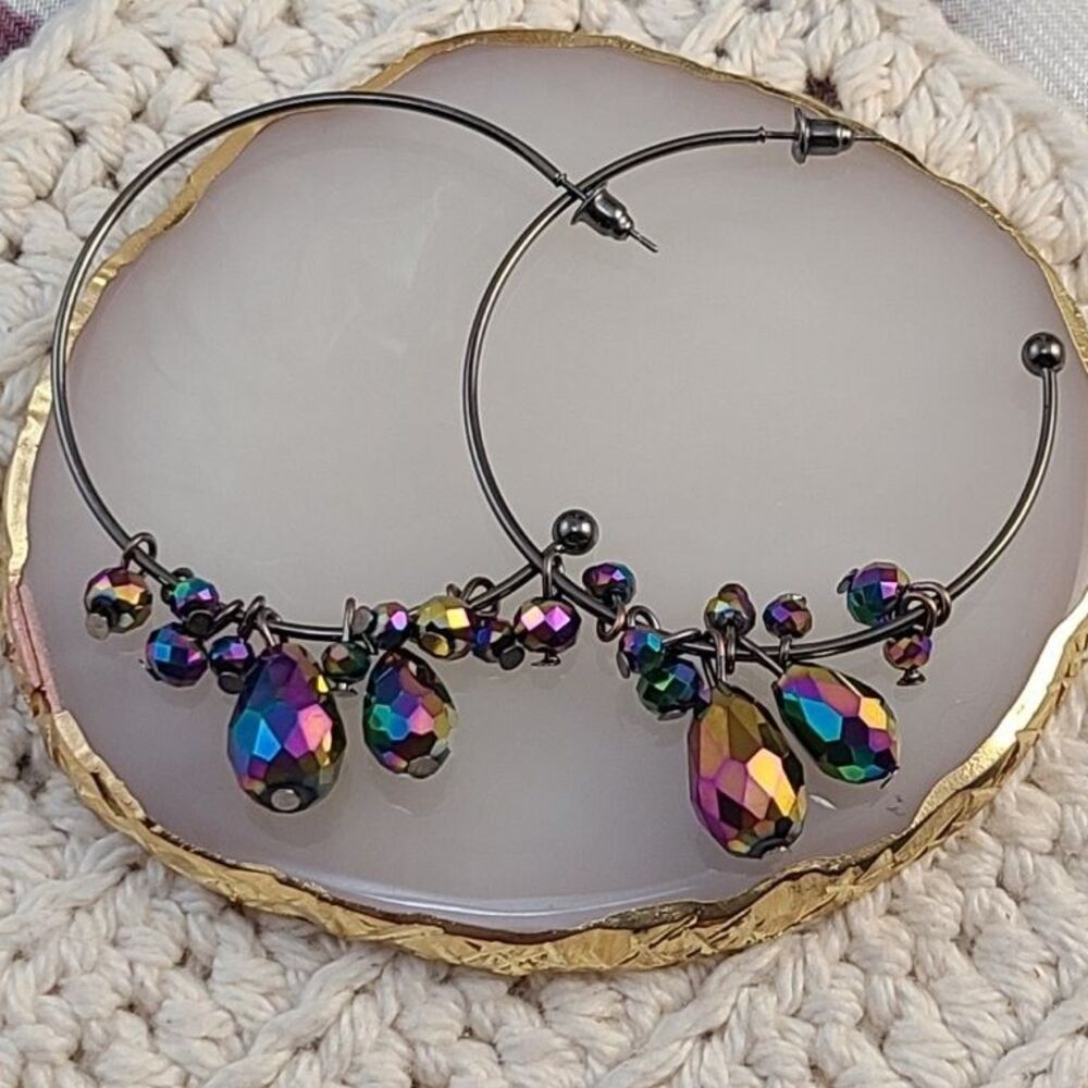Paparazzi Multicolor Iridescent Oil Spill Faceted Bead Dangle Hoop Earrings 2"